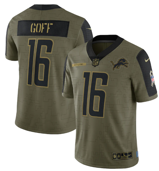Men's Detroit Lions #16 Jared Goff 2021 Olive Salute To Service Limited Stitched Jersey Men's Detroit Lions #16 Jared Goff 2021 Olive Salute To Service Limited Stitched Jersey